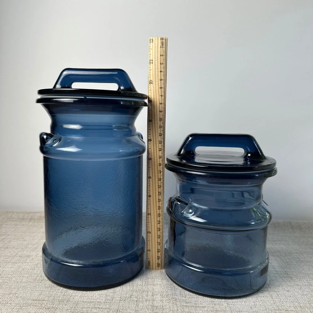 Vintage Cobalt Blue Glass Canister Set of 2 Handled Lids Kitchen Storage Jars